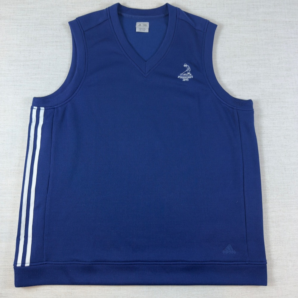Adidas Pinehurst 1895 Golf Vest Mens XL Blue V-Neck Sleeveless 3-Stripe Knit